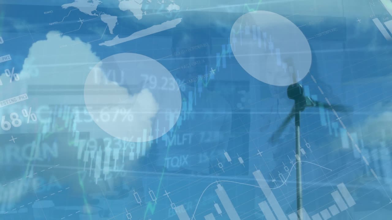 푸른 하늘의 구름에 대항하여 회전하는 풍차 위에서 통계 데이터 처리의 애니메이션