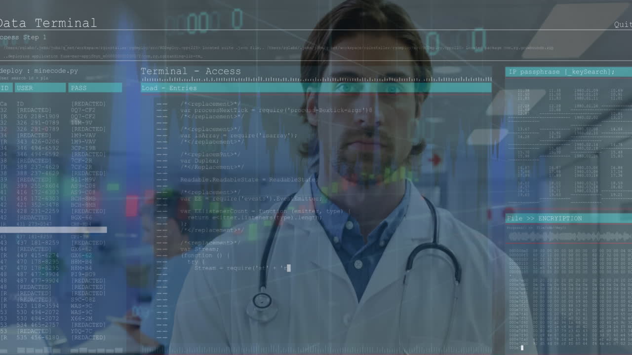 animación de la interfaz de la computadora, lenguaje de la computación, gráfico sobre el médico caucásico escribiendo en el bloc de notas