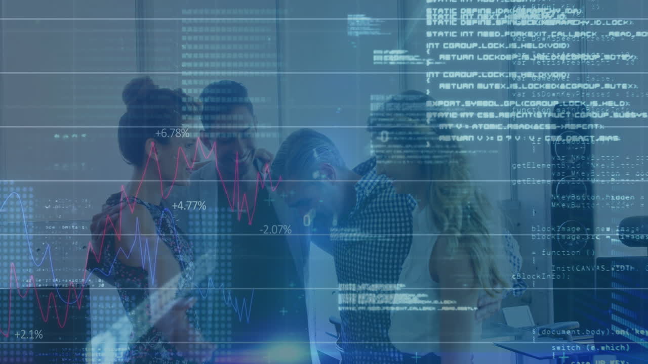 Analyzing data, business team reviewing digital graphs and code at office
