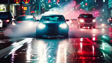 a car driving down a city street at night in the rain