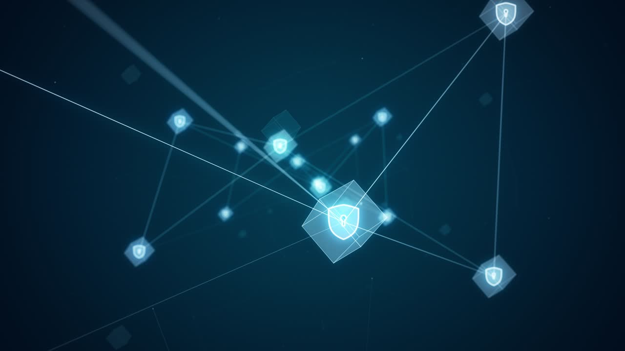 Motion graphic of Blue security Shield icon and futuristic cube with network connection Meta verse abstract background concept camera zoom out seamless loop video