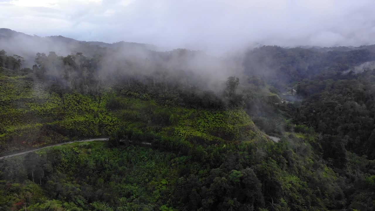movimiento aéreo a través de la niebla sobre una región montañosa en la provincia de quang nam, vietnam
