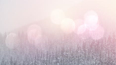 Animation-of-landscape-with-winter-scenery-and-fir-tree-forest-covered-in-snow-and-spot-lights