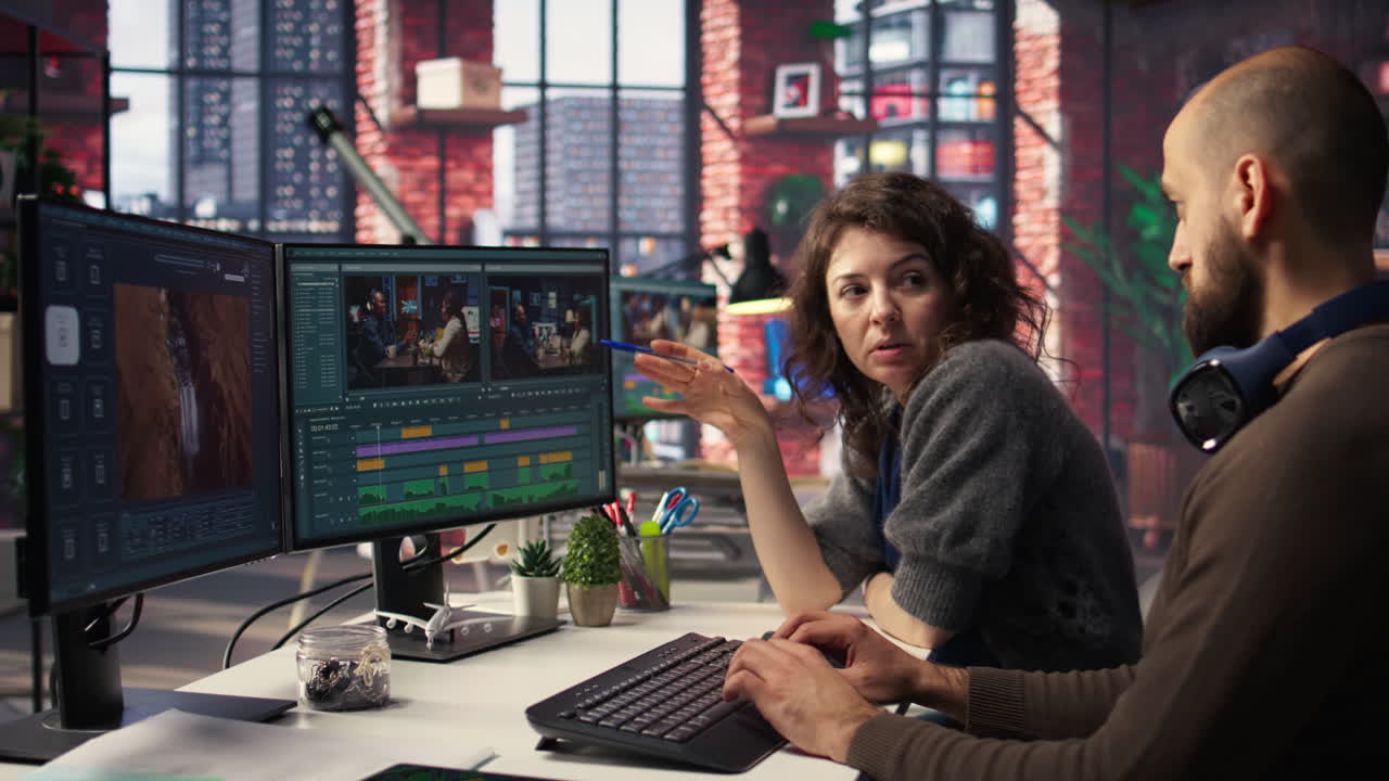 Team of experts editors working in video production industry at agency office