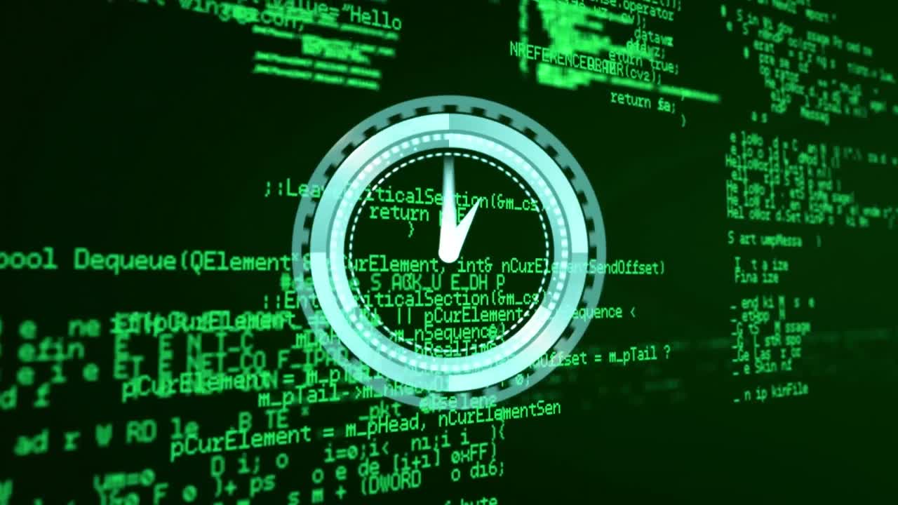 Animation of clock moving over data processing on black background