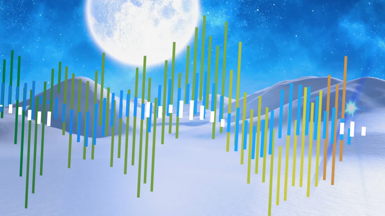 Green bars emerging left, shifting right, undulating and visualizing audio waveform under moonlight