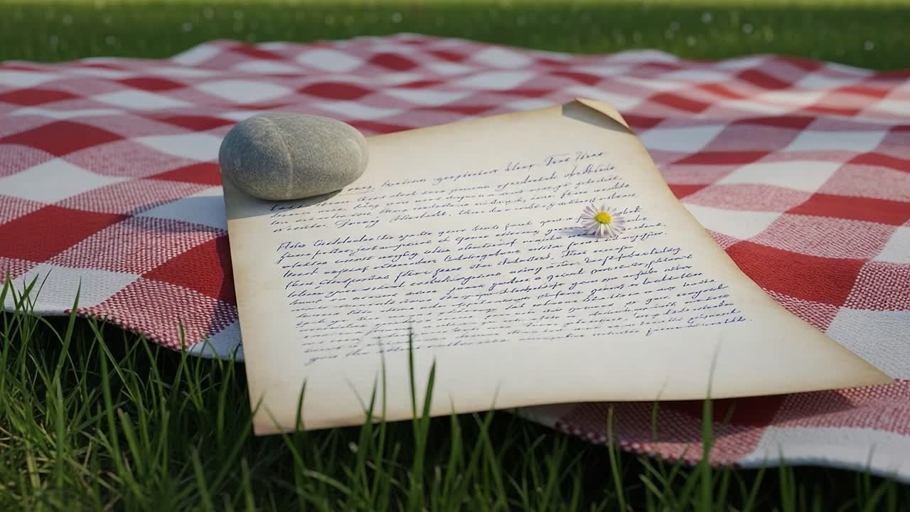 A Picnic Scene Featuring a Letter on a Checkered Blanket Surrounded by Green Grass and a Smooth Stone, Evoking Nostalgia and Tranquility