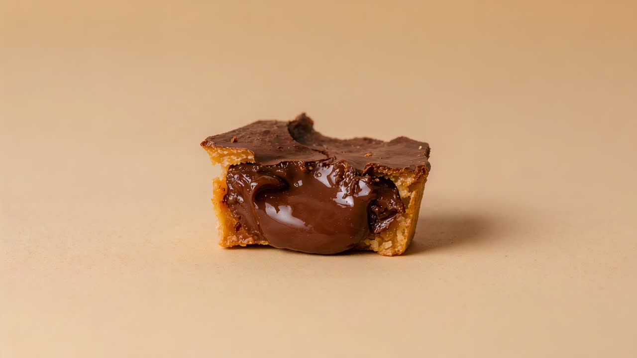 Camera tightening framing showing halved choc tart on tan table, molten ganache settling for detail