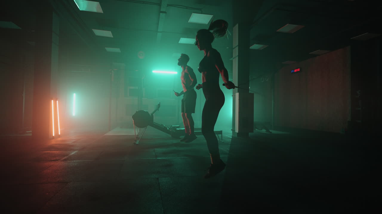 сильный мускулистый спортсмен и женщина прыгают по веревке в замедленном движении. тренировка двух бойцов мужчина и женщина