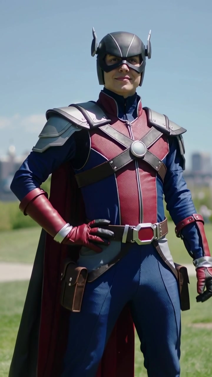 Vídeo vertical: Câmera dando zoom, herói mascarado posando, mostrando emblema do capacete, ajustando cinto no parque.