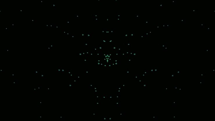 Abstract Symmetrical Green Particles Moving on Black Background