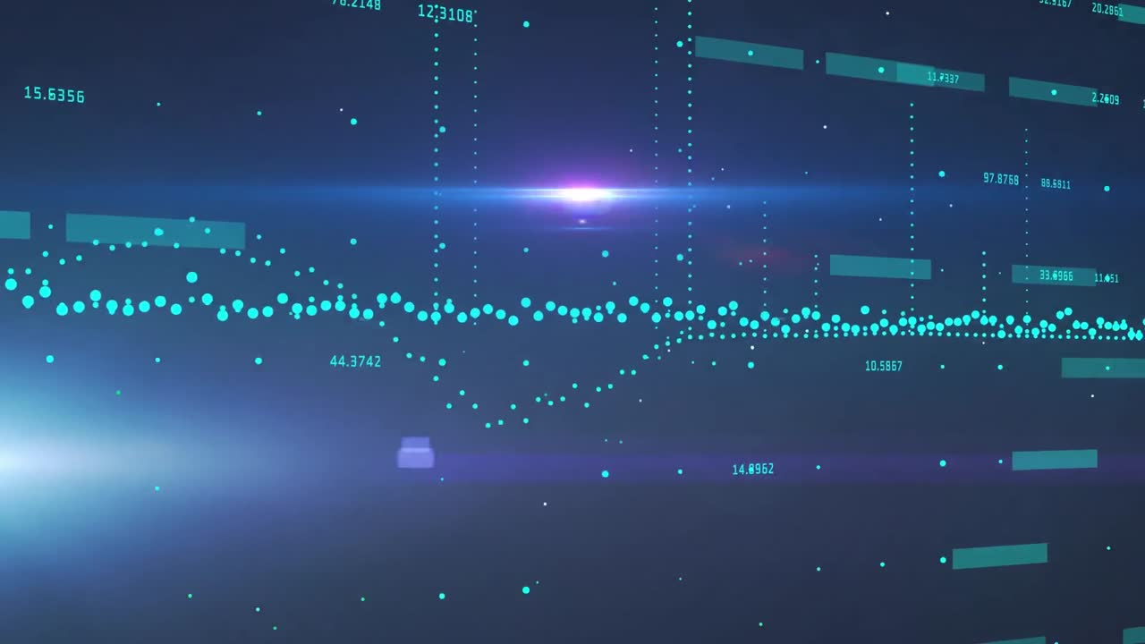 Animation of light trails and spots over data processing on black background