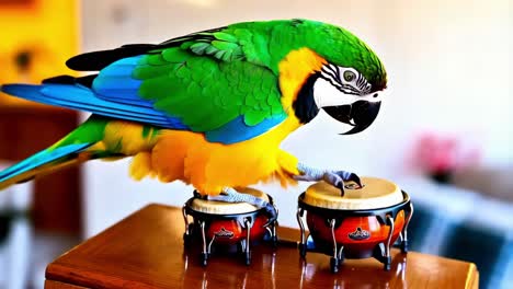 colorful parrot playing drums