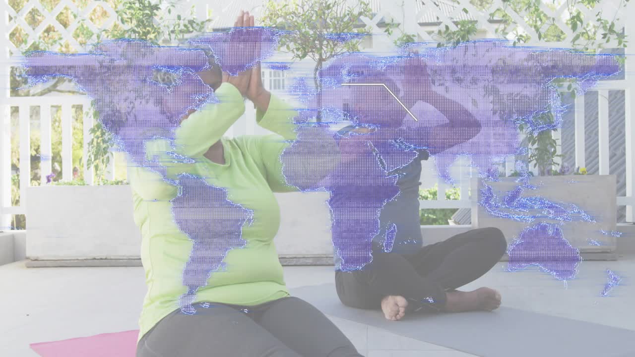 Senior couple twisting prayer as map overlay fading in animating flight path for health technology