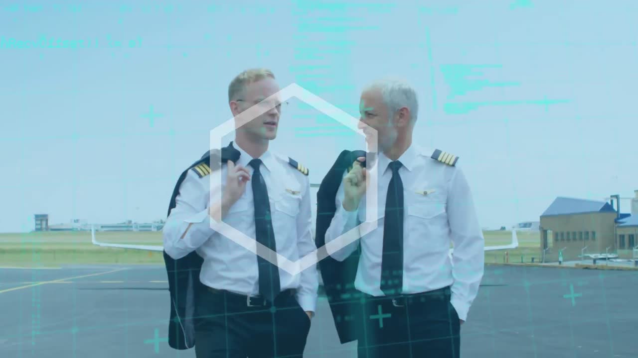 forma abstracta y procesamiento de datos sobre dos pilotos caucásicos hablando mientras caminan por la pista del aeropuerto