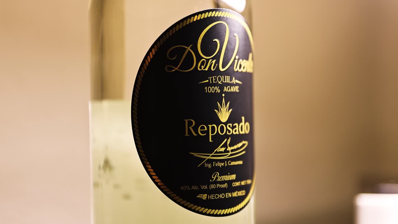 Close-up of a Don Vicente Tequila Reposado bottle