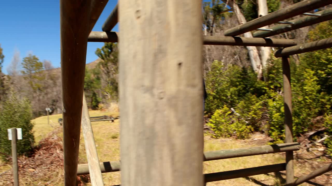 Determined boy exercising on monkey bar during obstacle course