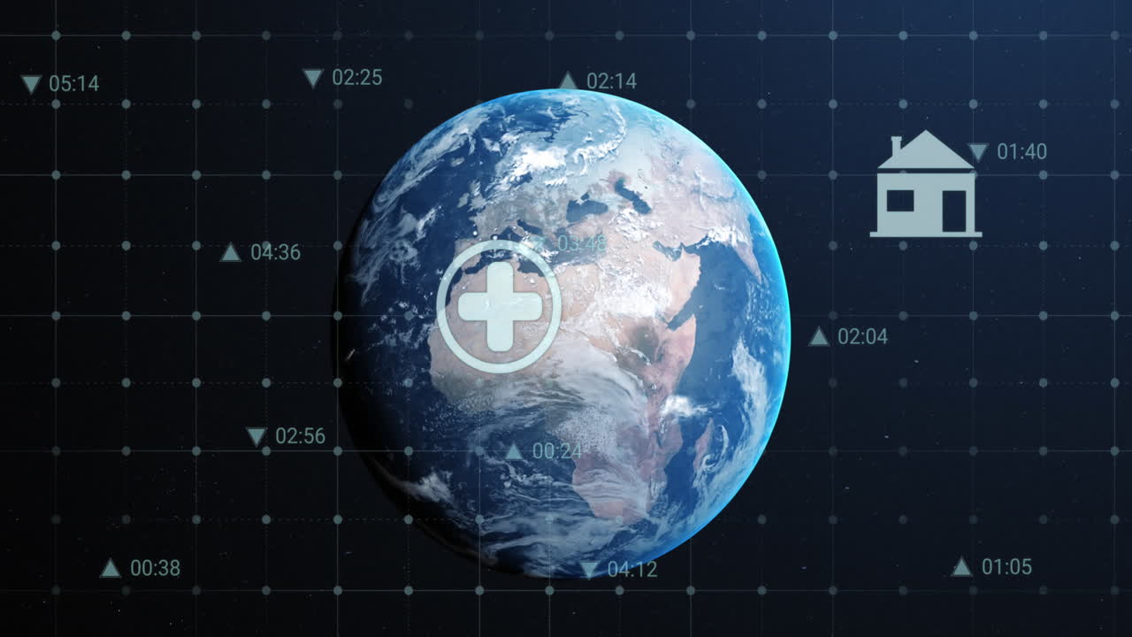 анимация нескольких цифровых икон по сетевой сети против вращающегося глобуса в пространстве