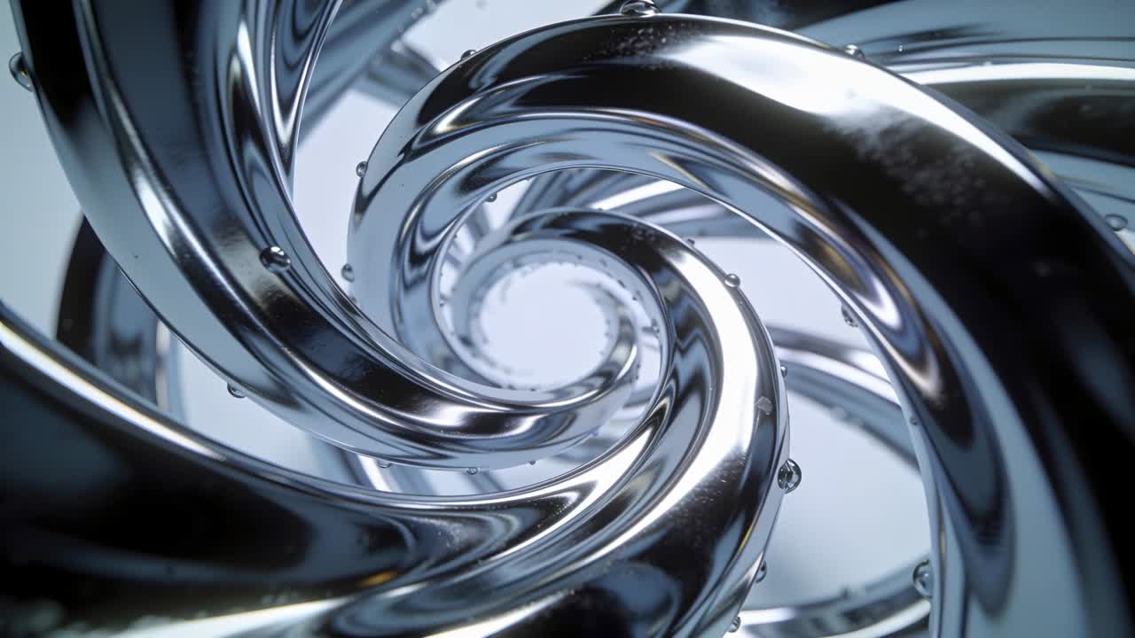 Rotating chrome helix spiraling inward, camera moving to center in studio, with droplets and rings