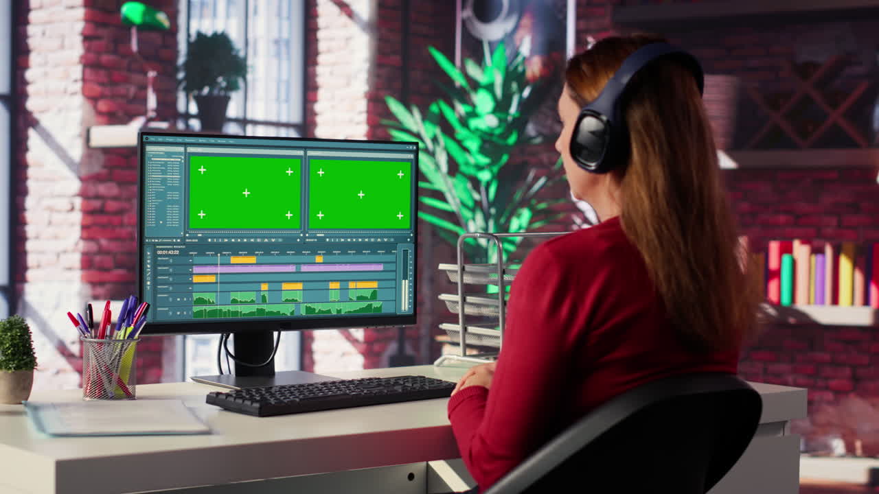Woman Editing Video with Green Screen on Computer