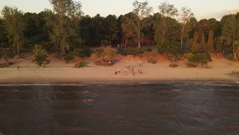 Beautiful-sunset-scene-at-sandy-beach-with-friends-playing-beach-volleyball-in-front-of-forest---Aerial-view