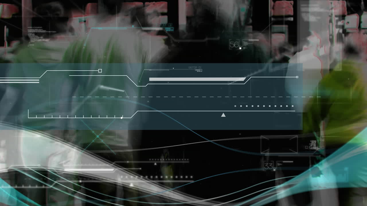 Animation of data processing over pedestrians walking