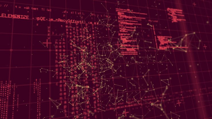 Animation of data processing and network of connections over grid