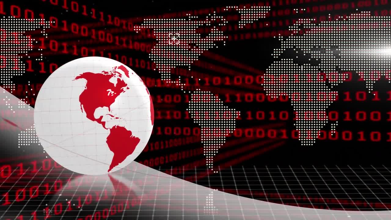 animación del globo, el código binario y el mapa del mundo sobre fondo negro