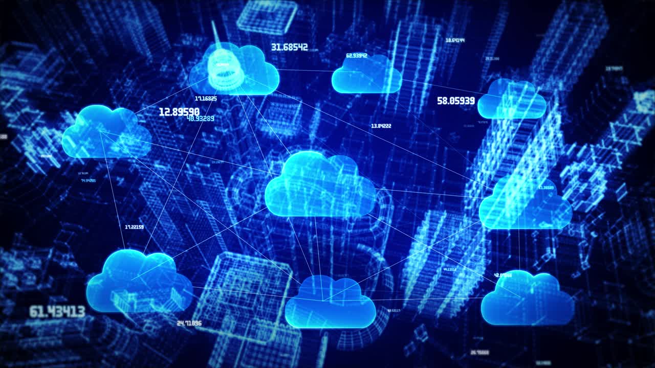 ciudad digital cibernética inteligente con edificios holográficos abstractos bucle sin fisuras