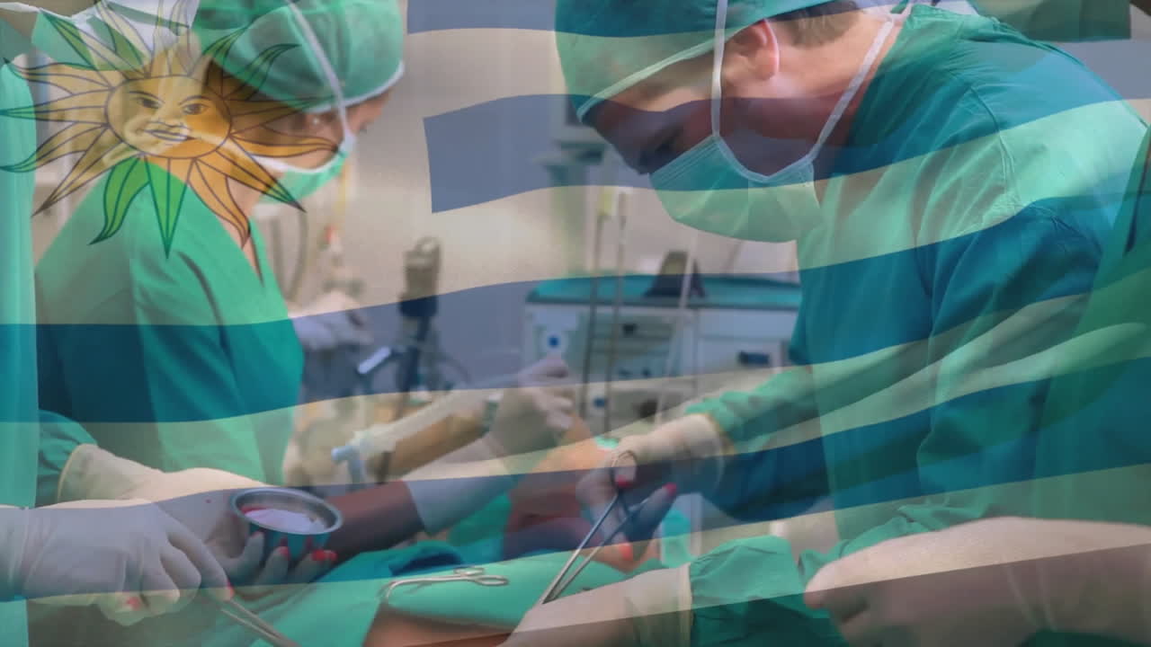 Animation of flag of uruguay over caucasian surgeons during surgery