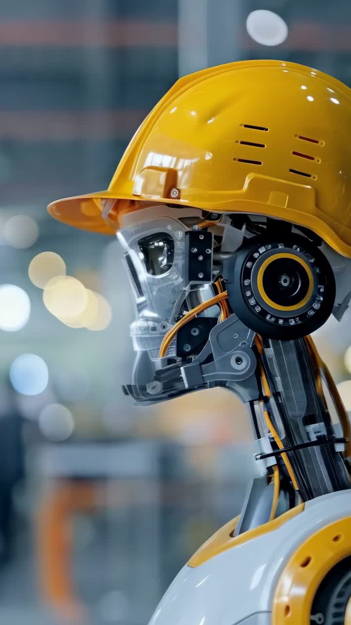 A robot wearing a yellow helmet stands in front of a building, it is working in a construction site