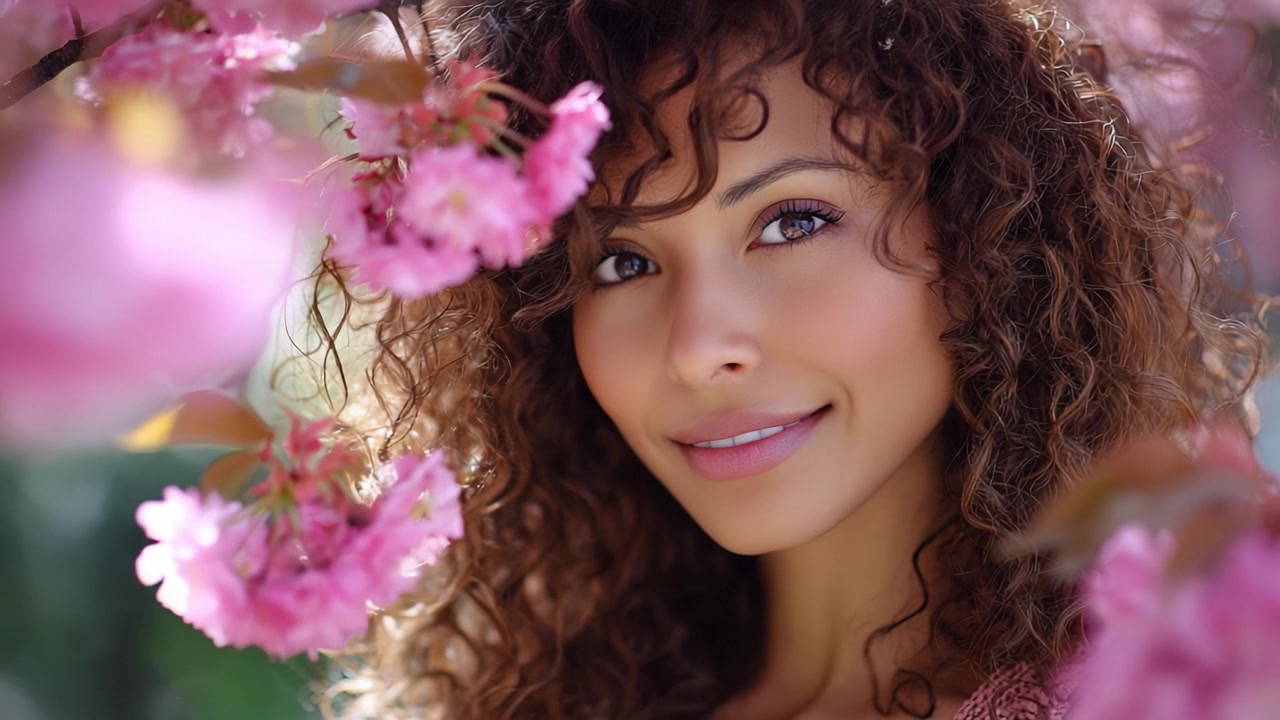 Una Giovane Donna Radiosa con Bellissimi Capelli Ricci Circondata da Fiori Rosa in un Rigoglioso Ambiente Floreale - Un Ritratto di Bellezza Naturale e Serenità