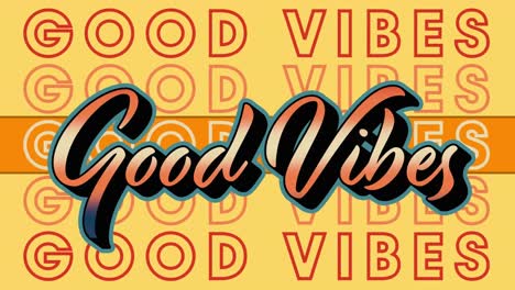 Animation-of-orange-good-vibes-text-repeating-over-orange-stripe-on-yellow-background
