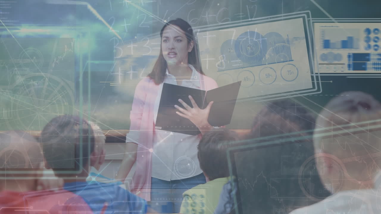 animación del procesamiento de datos sobre diversos escolares que aprenden con el maestro