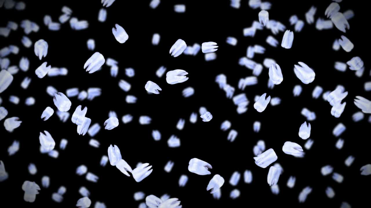 검은색 바탕에 많은  이빨을 날아다니며, 치과 관리 개념, 치아 회전의 3d 애니메이션, 루프 애니메이션.