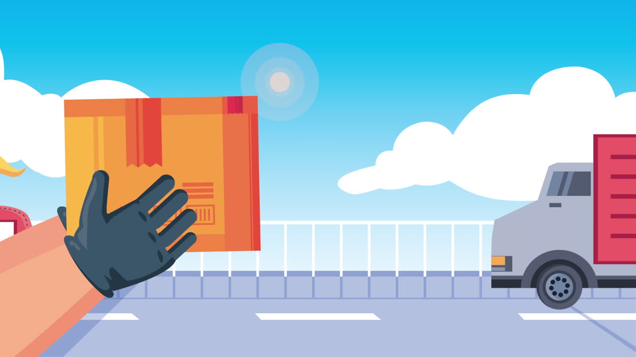 도로에서 오토바이를 타고 배달 서비스 노동자 애니메이션