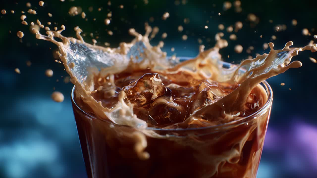 Captivating Splash of Cold Brew Coffee with Ice Cubes in a Glass, Showcasing the Refreshing Drink's Texture and Visual Appeal in a Beautiful Setting