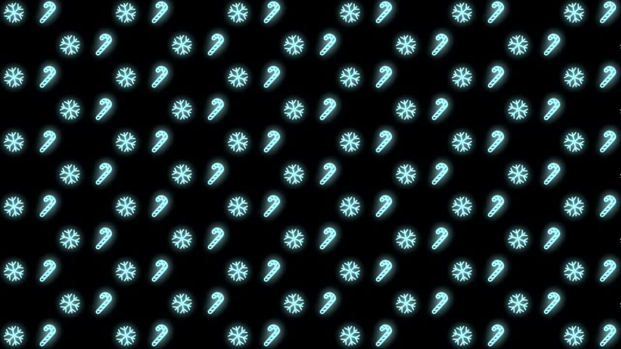 크리스마스 트리, 눈송이, 산타 모자, 캔디 케인의 네온 크리스마스 패턴 배경 사이안 및 블랙 루핑 애니메이션