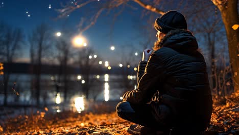 person sitting quietly by the riverside at night with autumn leaves