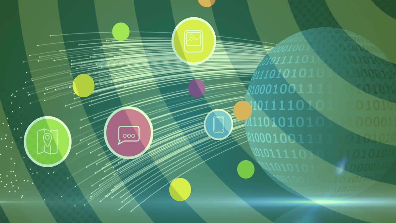 녹색 배경에 바이너리 코딩으로 전 세계에 걸쳐 디지털 아이콘의 애니메이션