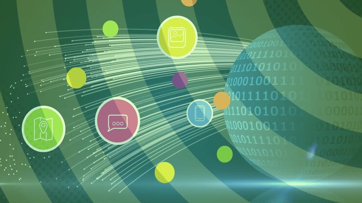 Animation of digital icons over globe with binary coding on green background