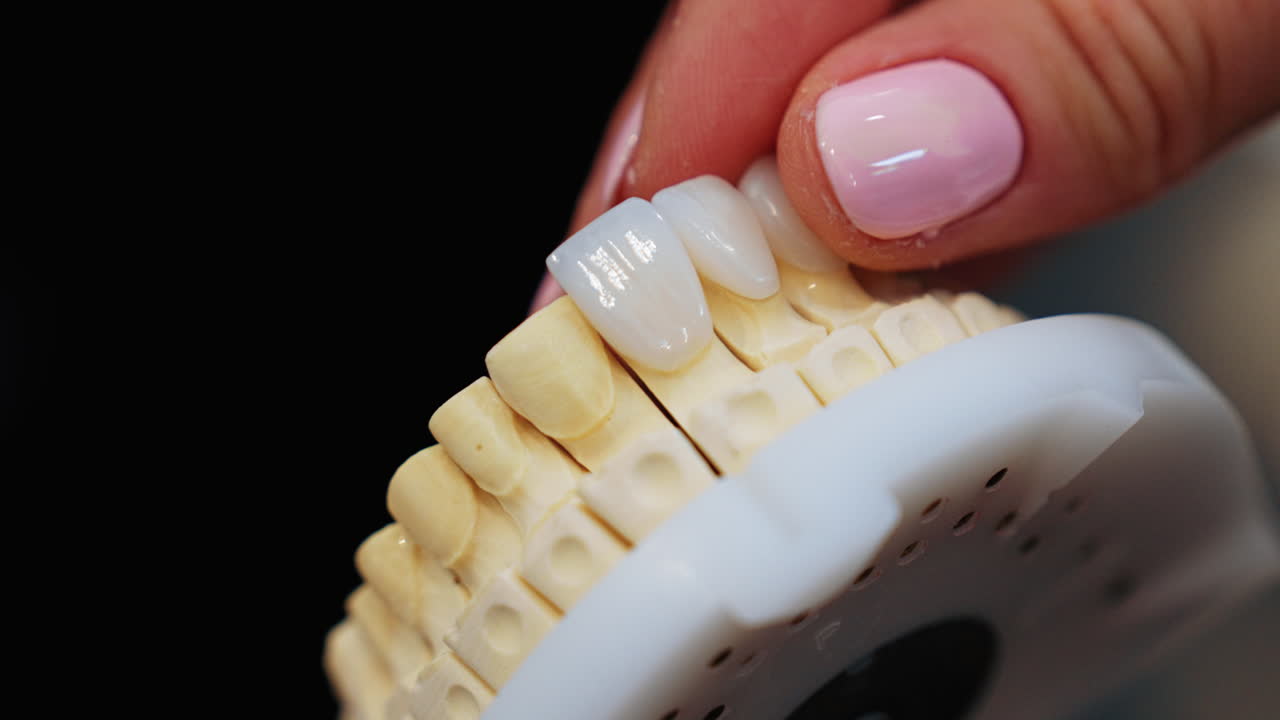 Close-up of a person carefully placing porcelain veneers onto a teeth model. Shows precision, skill, and modern cosmetic dentistry workflow in a clinical setting