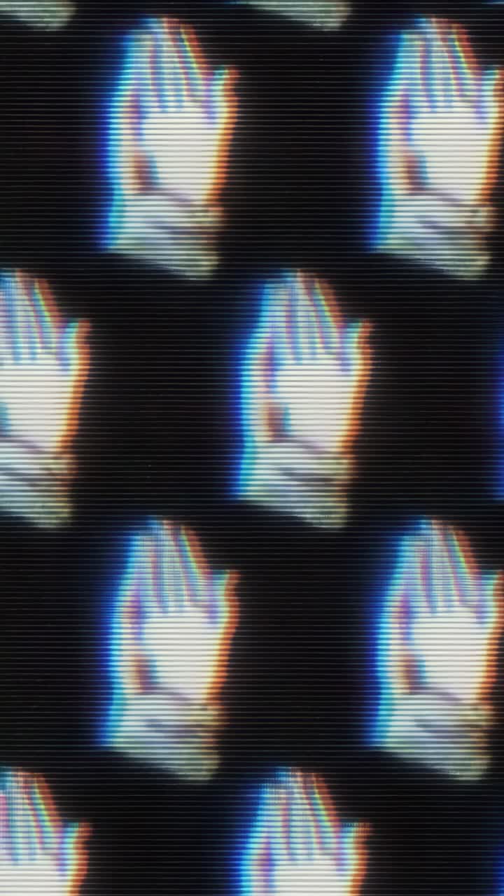 A retro, glitch-style video effect showing multiple hands in a waving gesture