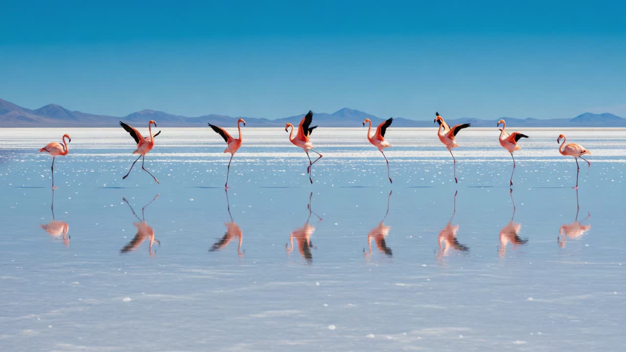 A Stunning Display of Graceful Flamingos Along a Tranquil Water Surface, Capturing Their Unique Reflection Against a Breathtaking Landscape Under a Clear, Blue Sky