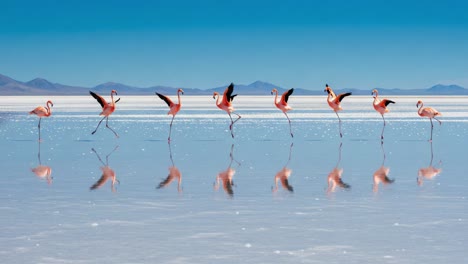 a stunning display of graceful flamingos along a tranquil water surface, capturing their unique reflection against a breathtaking landscape under a clear, blue sky