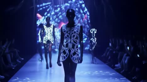 mesmerizing fashion showcase: a stunning display of illuminated designs and artistic expressions on a runway, captivating the audience with every step