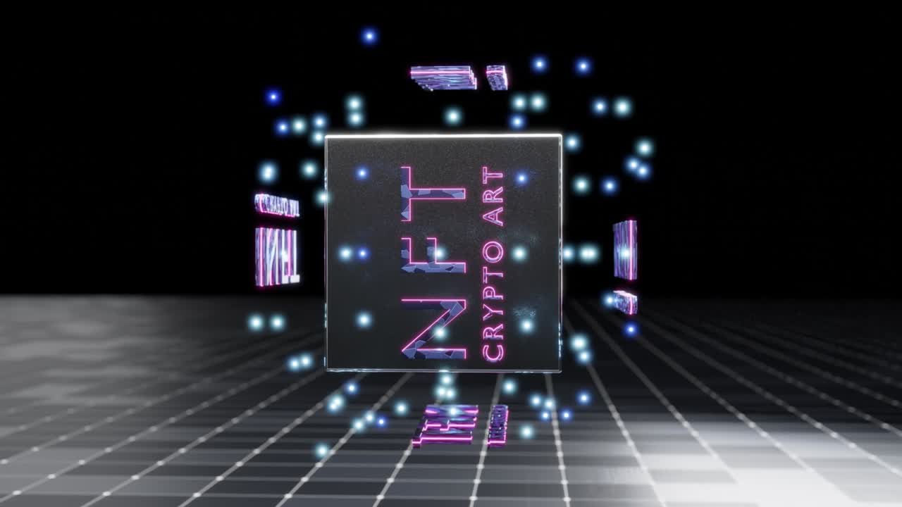 NFTs non-fungible token digital files underpinned by blockchain technology. Rotating abstract block labeled NFT crypto art. Seamless animation.
