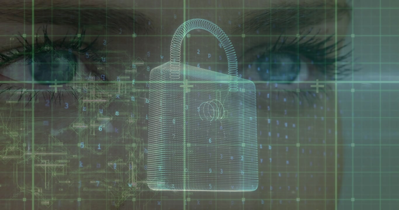 Security padlock icon over grid network against close up of woman's eyes