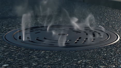 steam rising from a manhole cover on an asphalt street