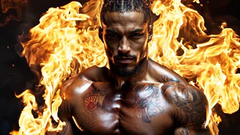 A man with tattoos on his arms and chest stands in front of a fire. The fire is orange and yellow, and it seems to be engulfing the man. The man's expression is intense and focused